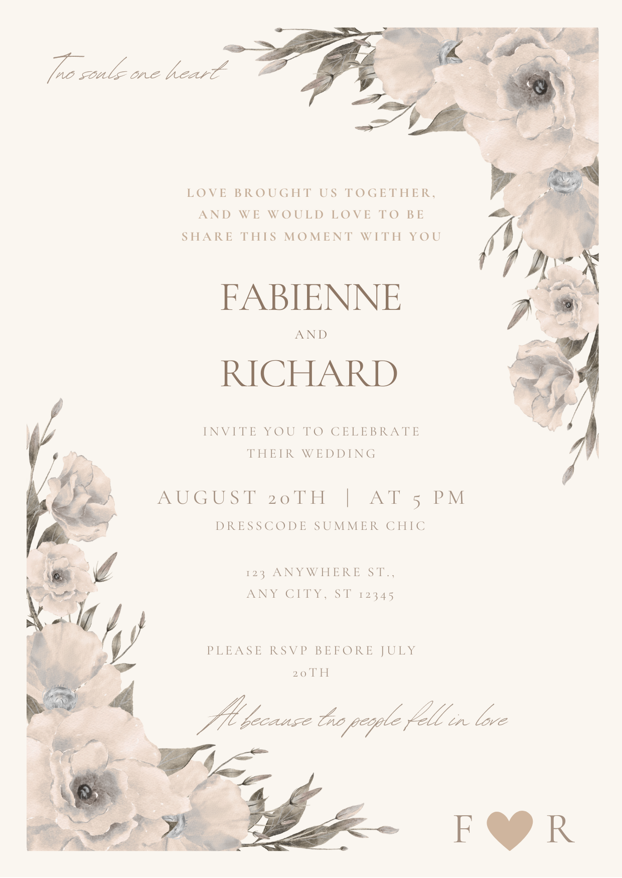 Editbare Trouwuitnodiging – Beige Bloemen (Canva Template) | 5x7" | Neutraal & Minimal Chic | Directe Download