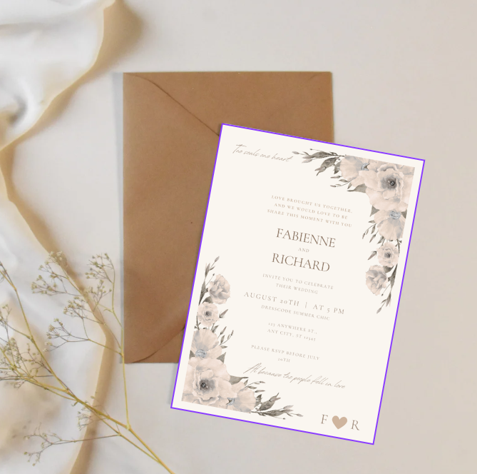 Editbare Trouwuitnodiging – Beige Bloemen (Canva Template) | 5x7" | Neutraal & Minimal Chic | Directe Download