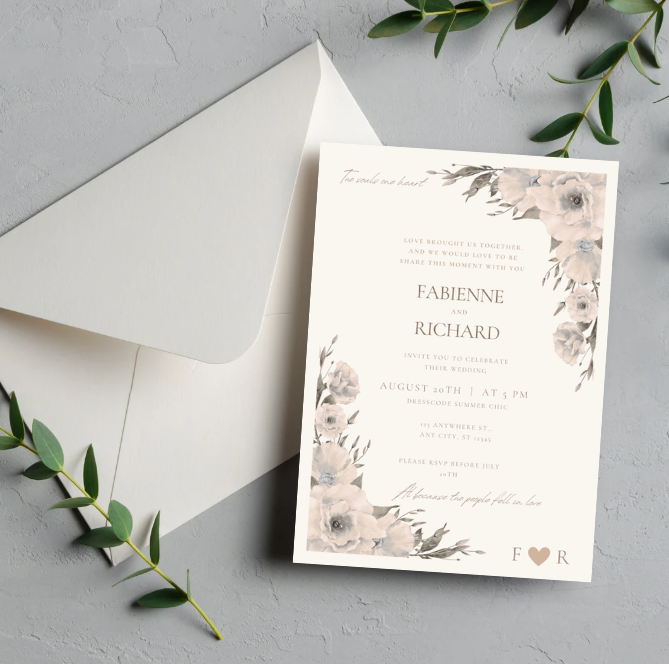 Editbare Trouwuitnodiging – Beige Bloemen (Canva Template) | 5x7" | Neutraal & Minimal Chic | Directe Download