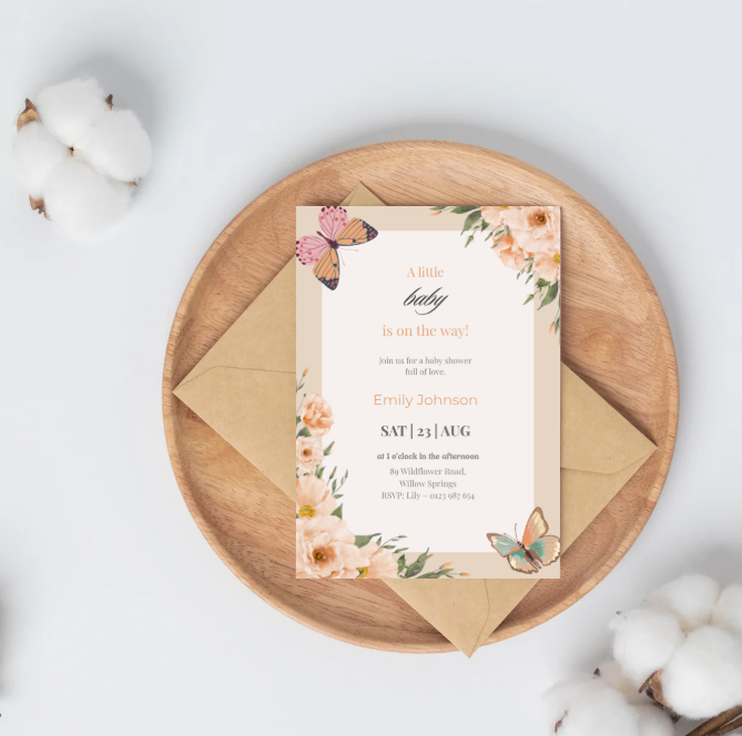 Editbare Trouwuitnodiging – Beige Bloemen (Canva Template) | 5x7" | Neutraal & Minimal Chic | Directe Download