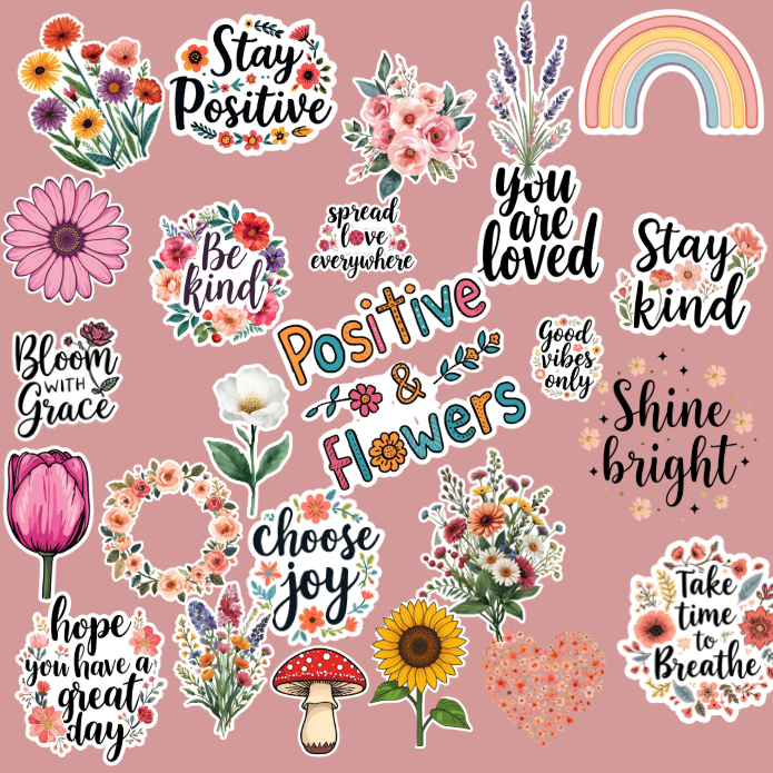 Positive & Flowers Digitale Stickers – 24 Motiverende Bloemenstickers