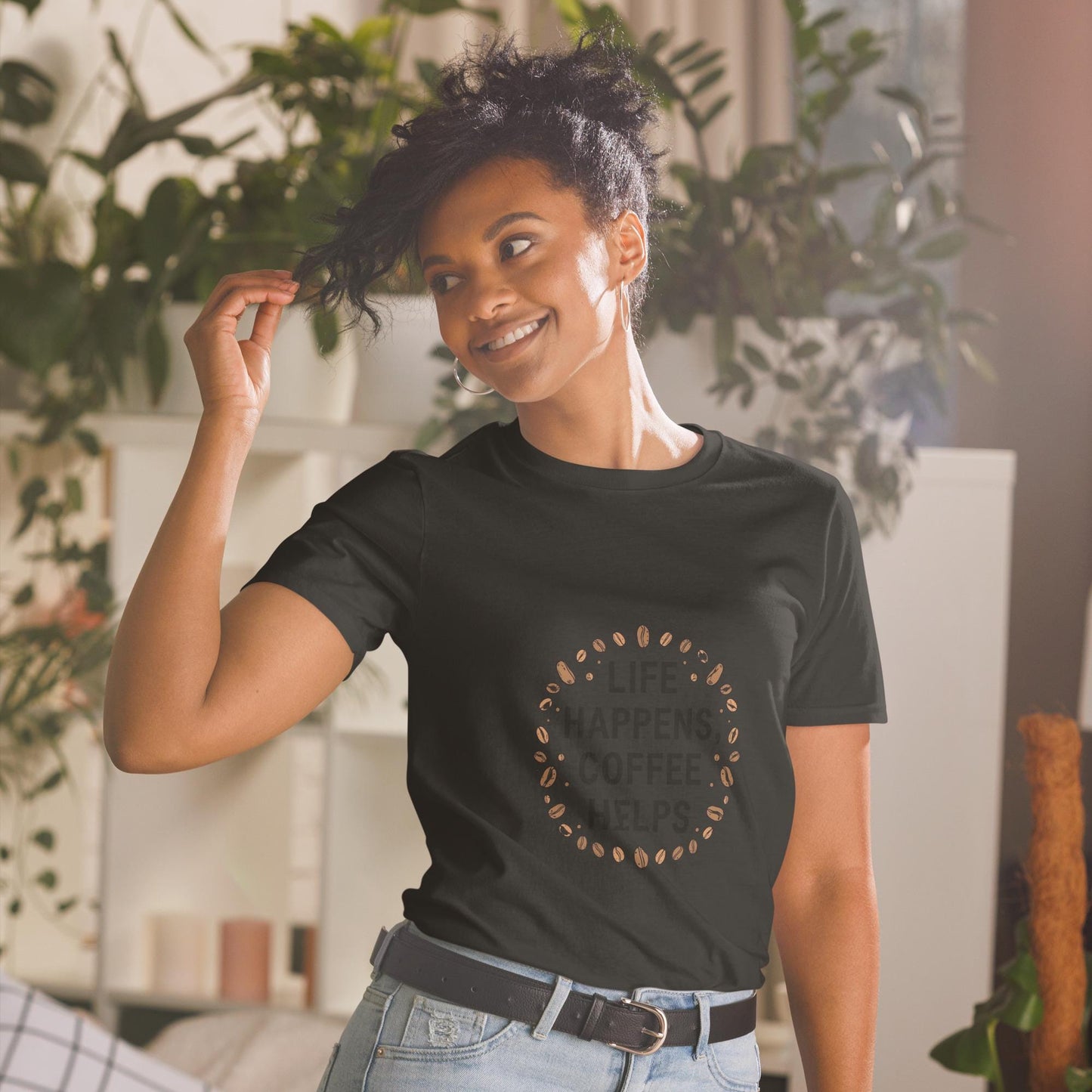 Life Happens Coffee Helps T-Shirt, Coffee Lover Tee with Coffee Beans, Unisex Softstyle Shirt, Barista Gift, Minimal Typography, S3XL