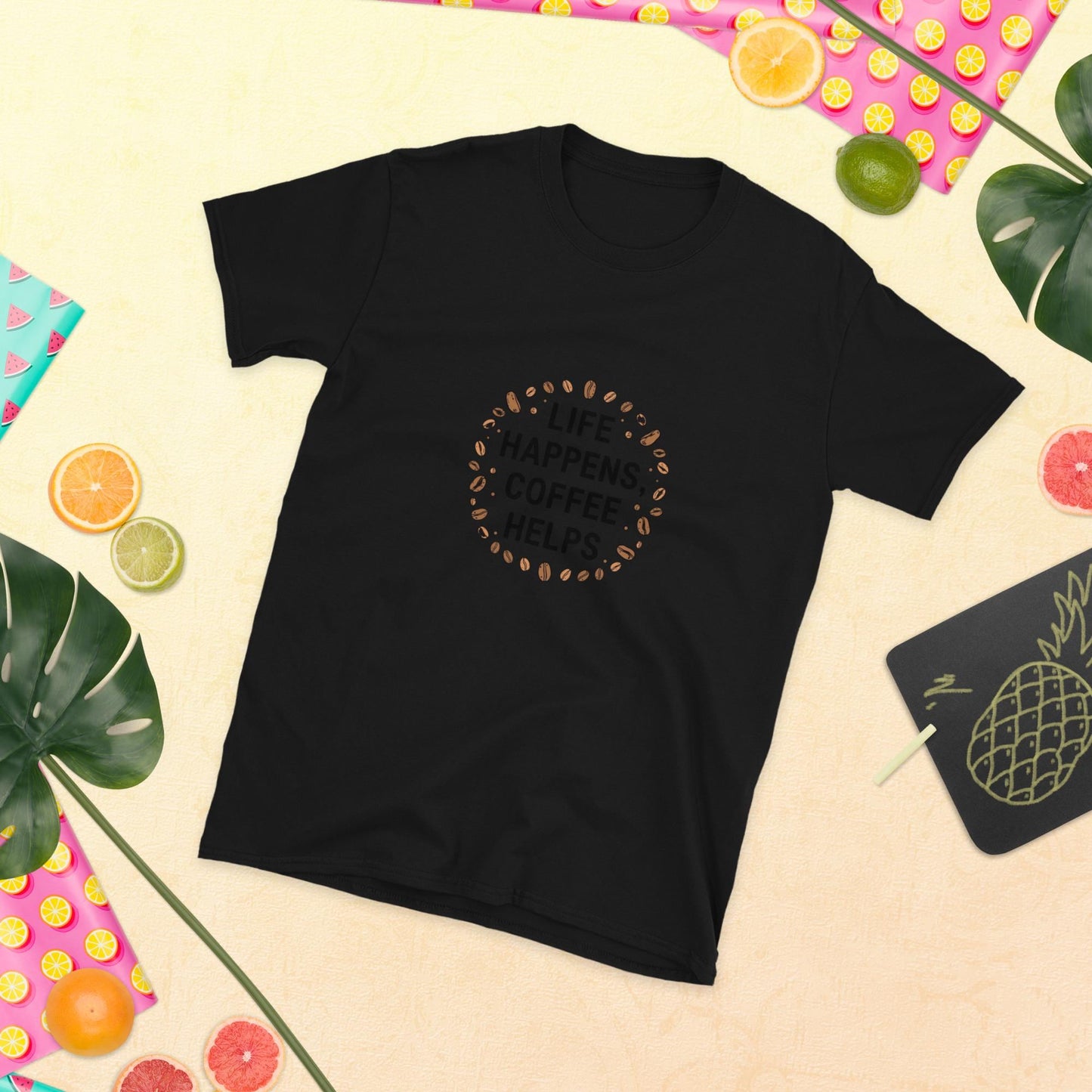 Life Happens Coffee Helps T-Shirt, Coffee Lover Tee with Coffee Beans, Unisex Softstyle Shirt, Barista Gift, Minimal Typography, S3XL