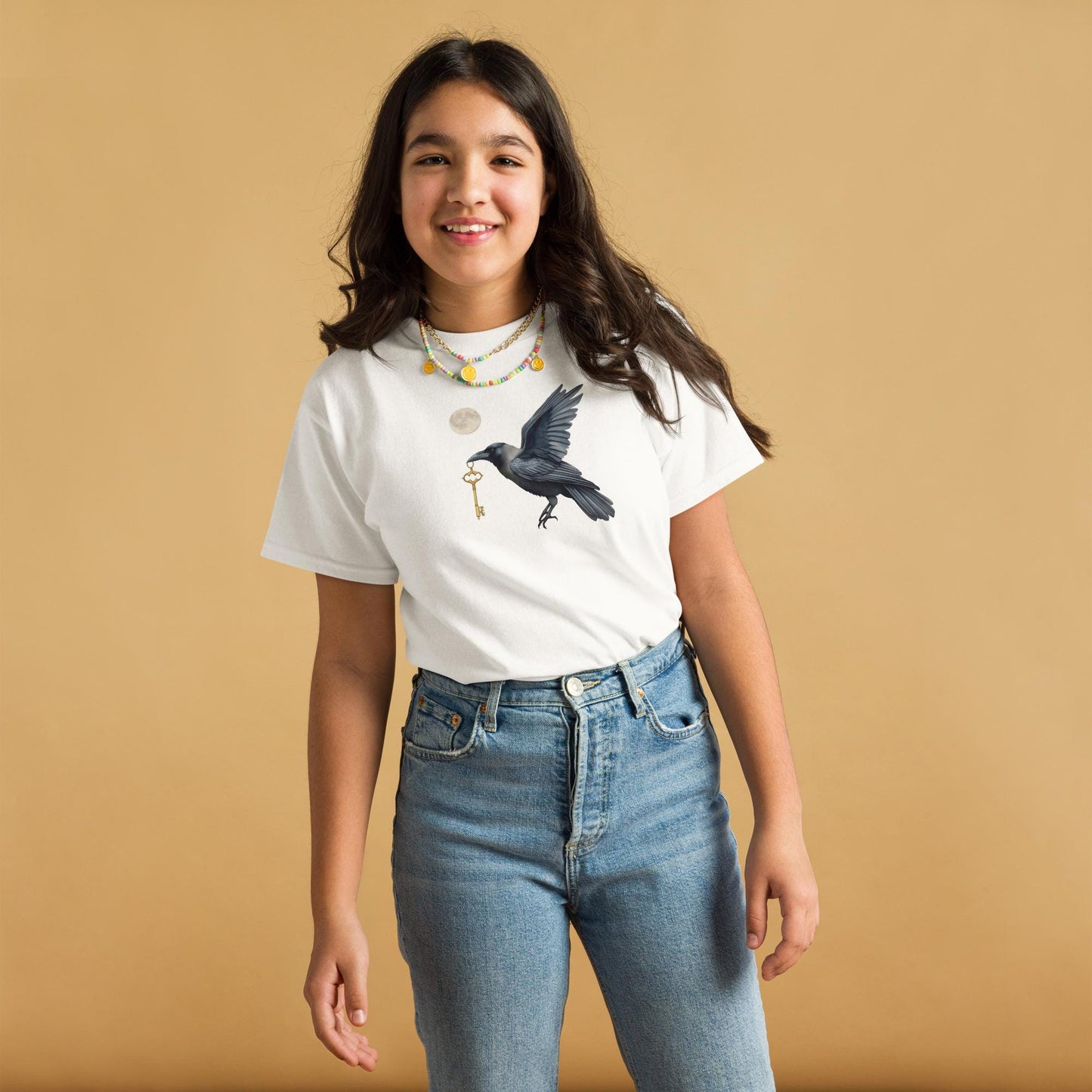 Raven With Key Moon T Shirt | Unisex Cotton Tee | Black or White | XS to XL | Gothic Witchcore Fairycore Top | Soft 100 percent Cotton