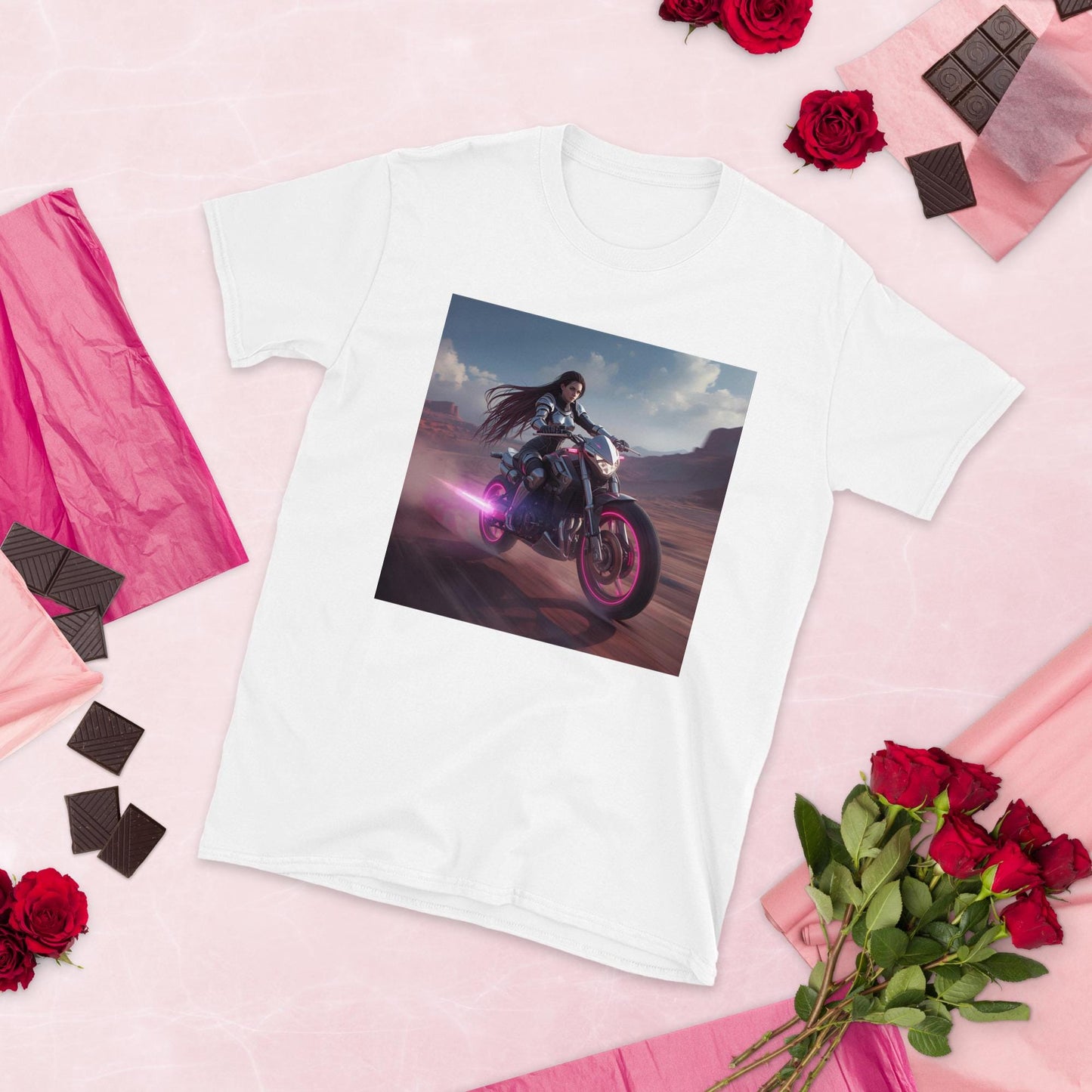 Neon Desert Rider T-Shirt | Fantasy Moto Pink Glow Bike | Unisex Streetwear Tee | Black or White
