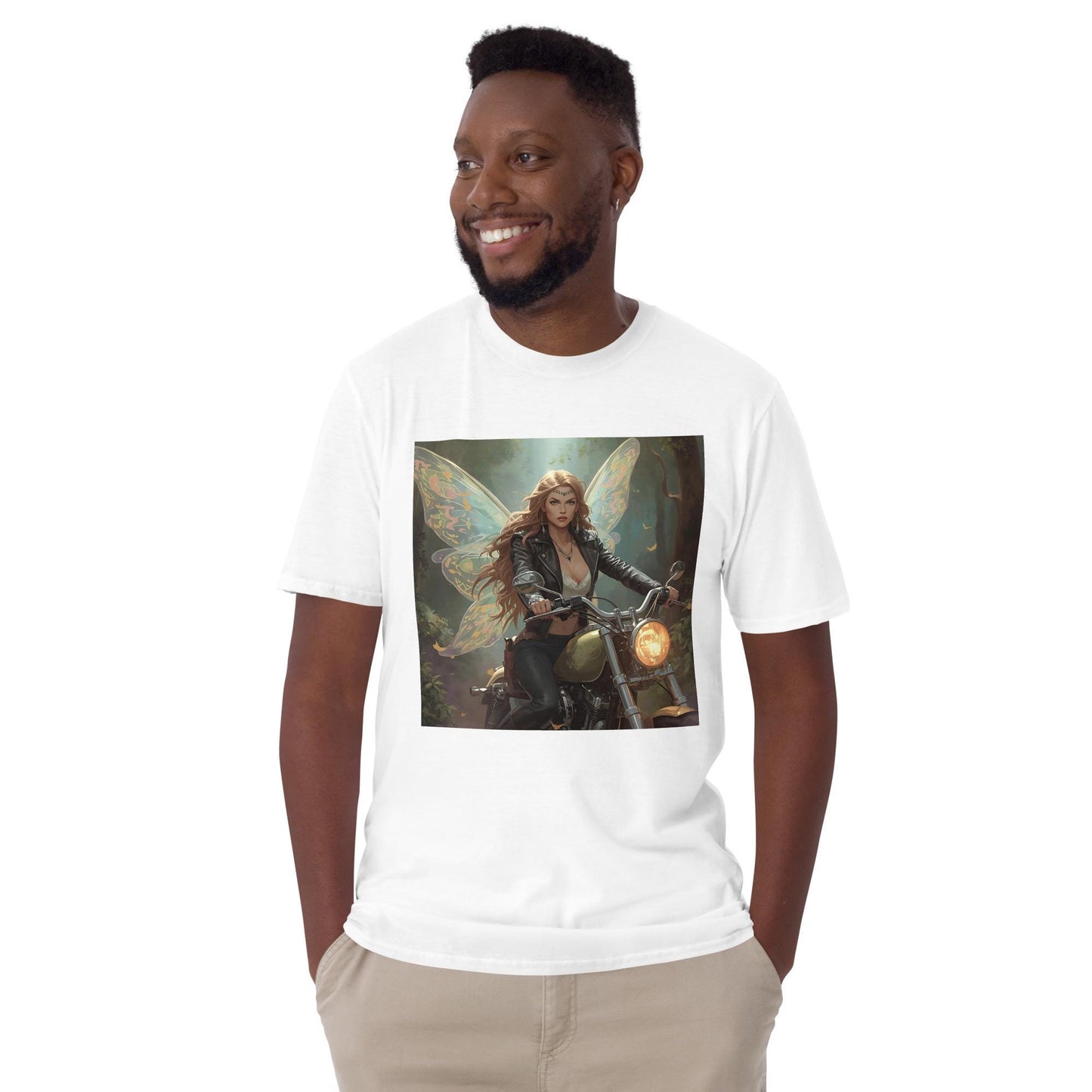 Fairy Biker T-Shirt | Leather Jacket Wings Graphic | Fantasy Moto Streetwear | Unisex Tee (Black or White)