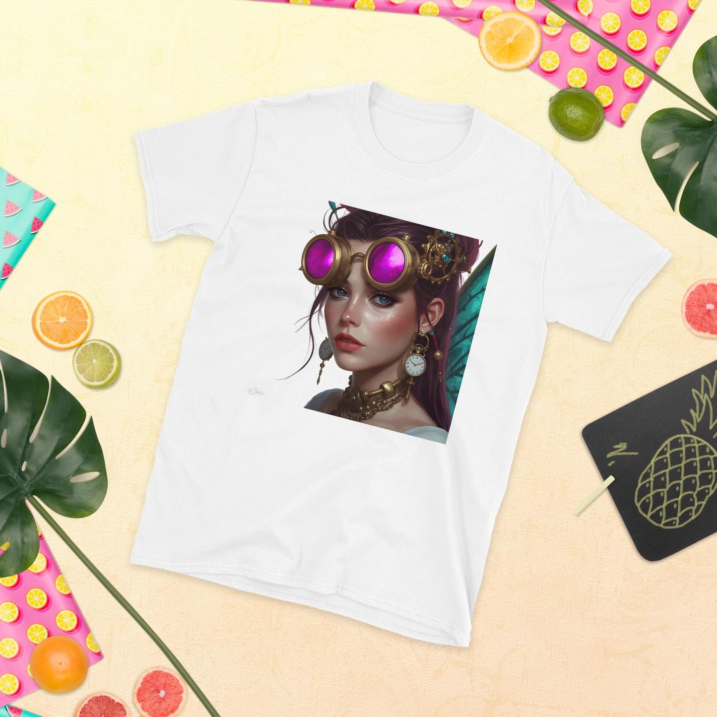 Steampunk Fairy T Shirt | Pink Crystal Goggles Portrait | Brass Clockwork Jewelry | Fantasy Streetwear Tee