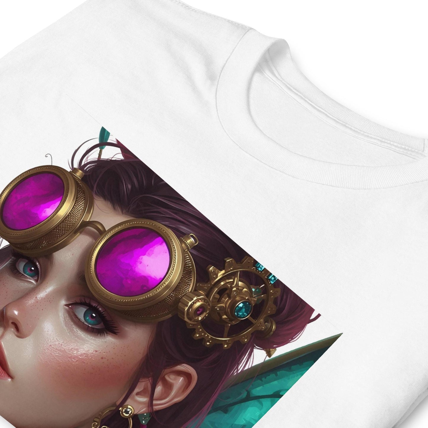 Steampunk Fairy T Shirt | Pink Crystal Goggles Portrait | Brass Clockwork Jewelry | Fantasy Streetwear Tee