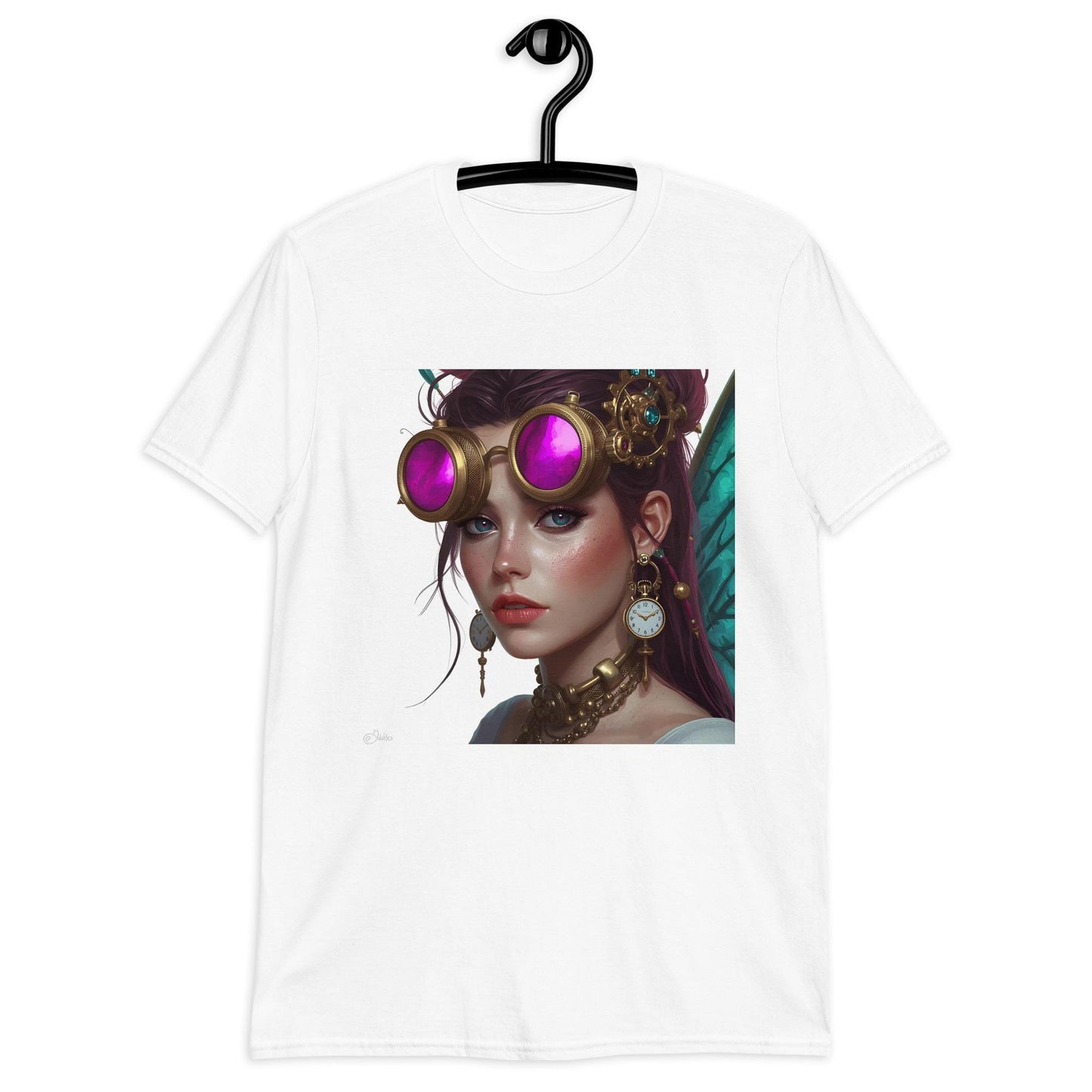 Steampunk Fairy T Shirt | Pink Crystal Goggles Portrait | Brass Clockwork Jewelry | Fantasy Streetwear Tee