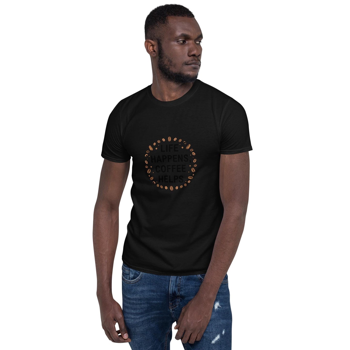 Life Happens Coffee Helps T-Shirt, Coffee Lover Tee with Coffee Beans, Unisex Softstyle Shirt, Barista Gift, Minimal Typography, S3XL