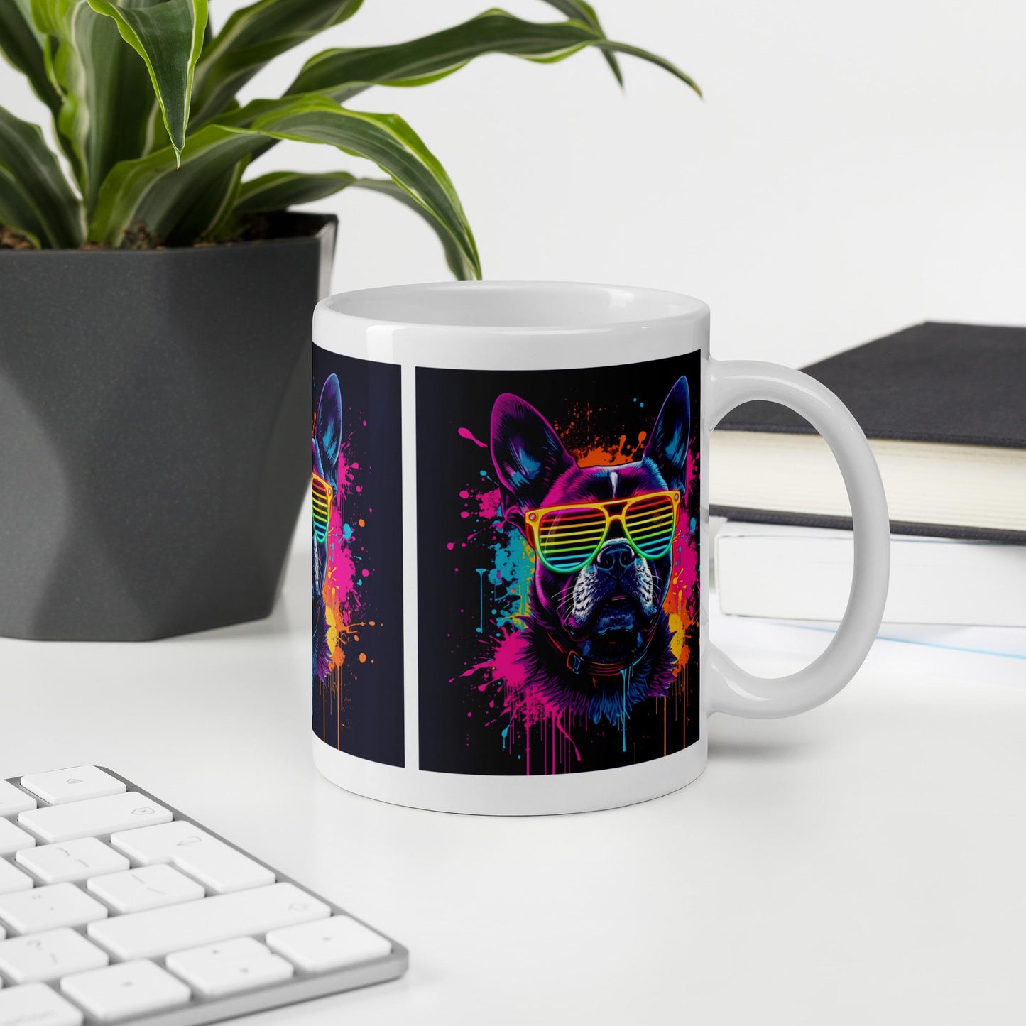 Neon Rainbow Dog Mug | Retro Sunglasses Pup | Dishwasher & Microwave Safe
