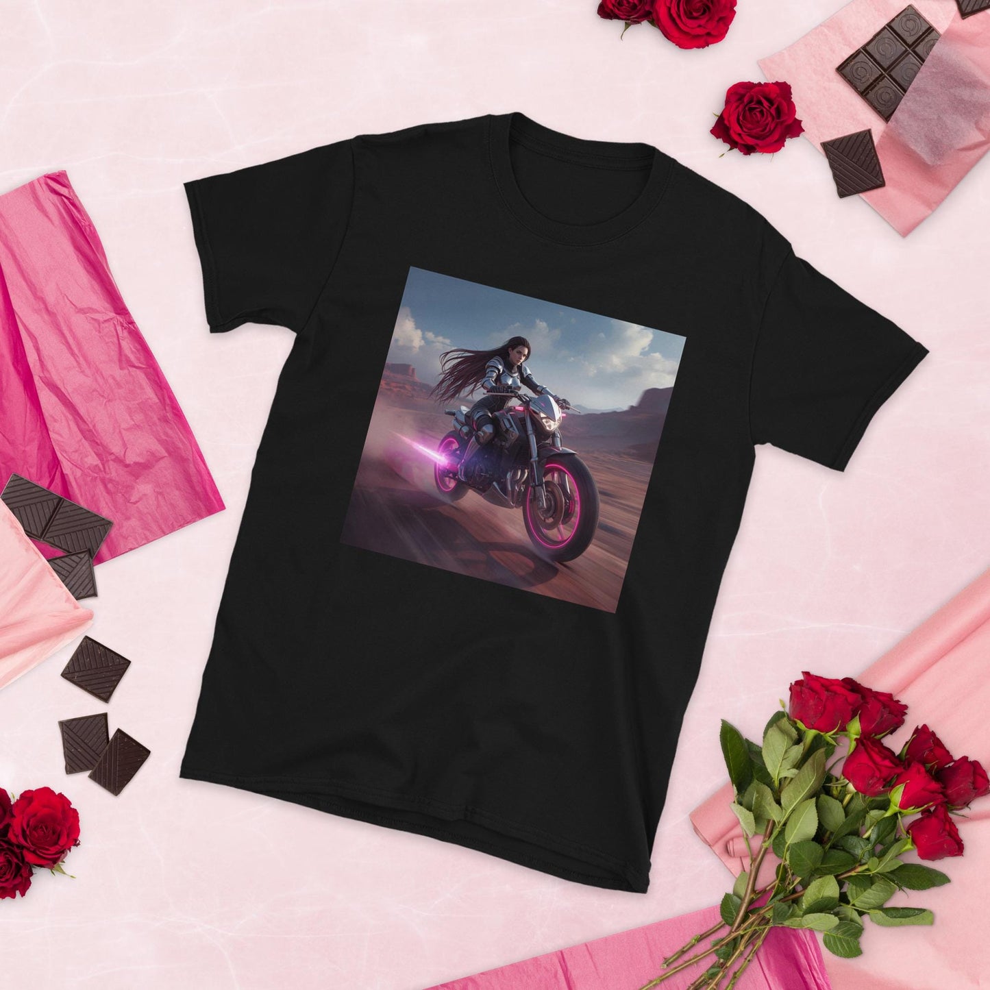 Neon Desert Rider T-Shirt | Fantasy Moto Pink Glow Bike | Unisex Streetwear Tee | Black or White