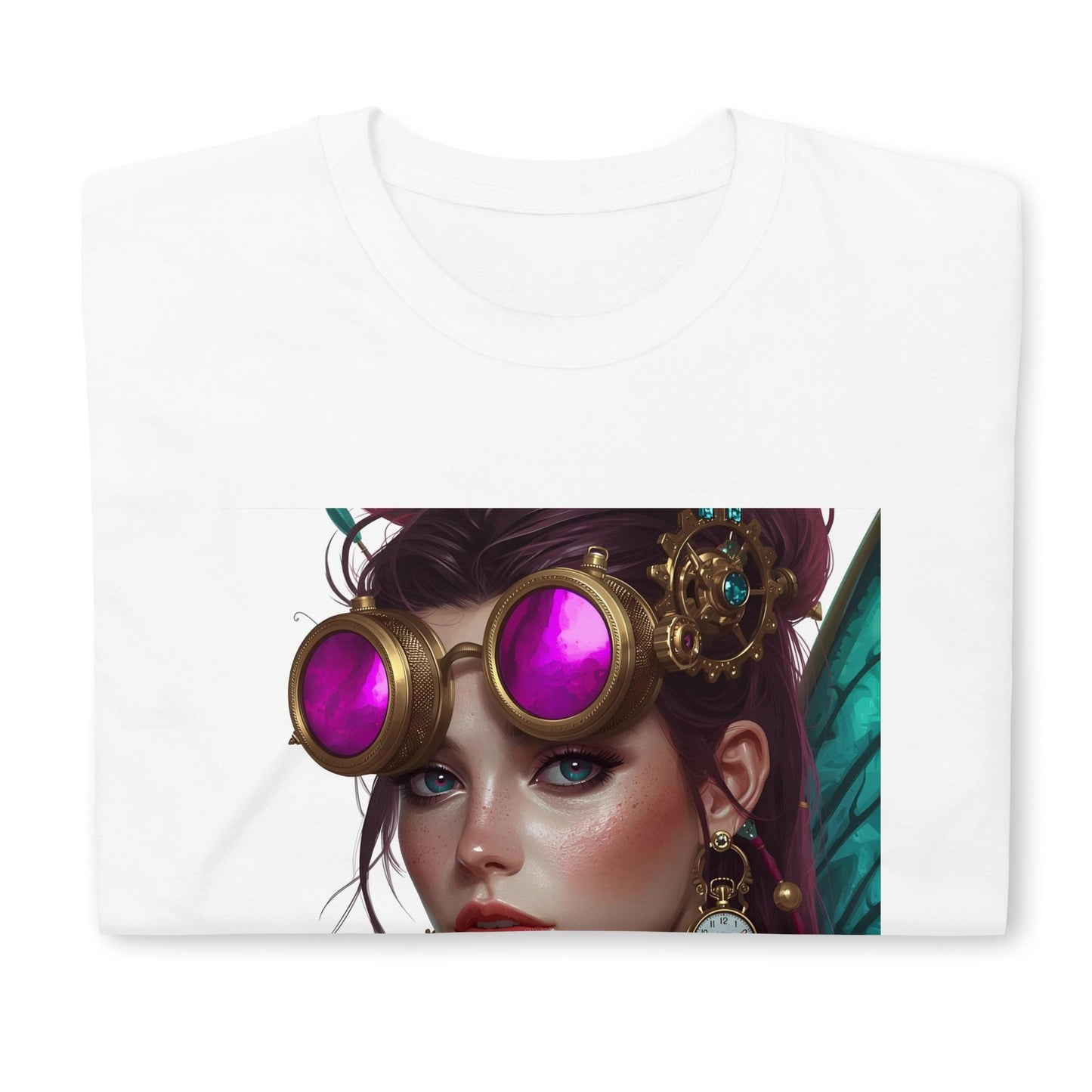 Steampunk Fairy T Shirt | Pink Crystal Goggles Portrait | Brass Clockwork Jewelry | Fantasy Streetwear Tee