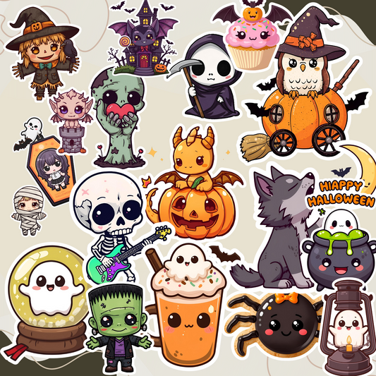 20x Kawaii Halloween Stickers – Digitale Download (PNG + A4/Letter PDF)