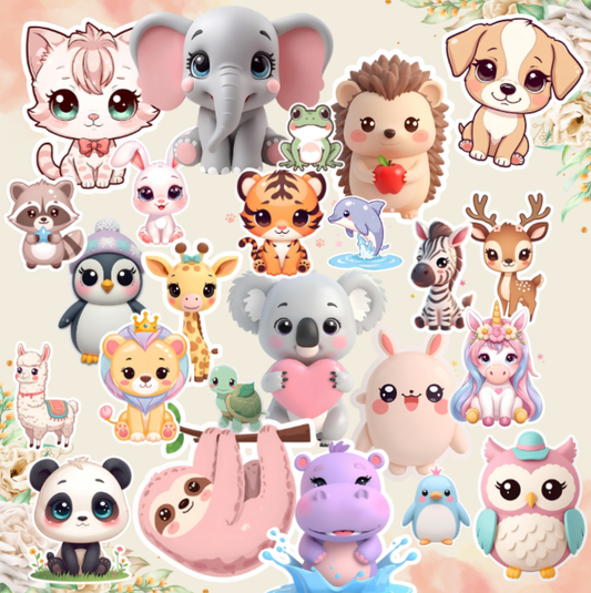 24x Kawaii Dierenstickers | Digitale download– Digitale Download (PNG + A4/Letter PDF)