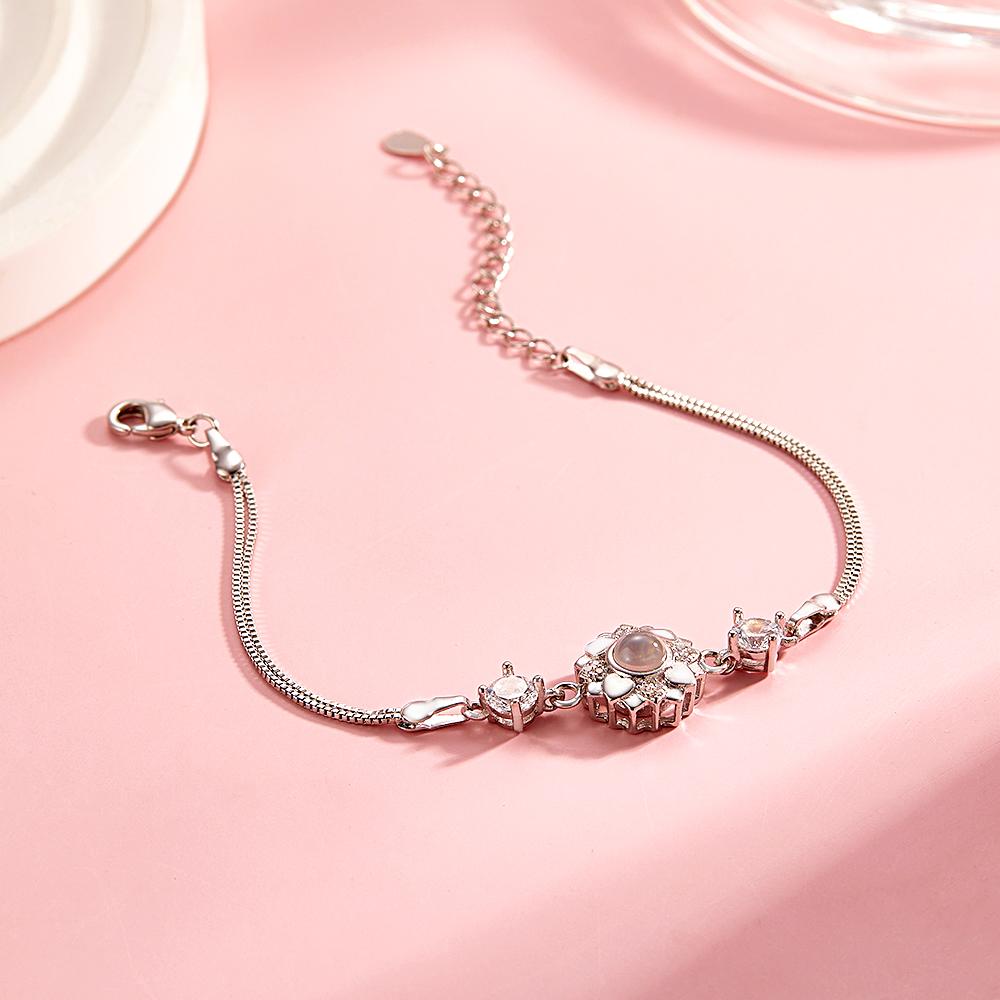 Silver flower bracelet with photo projection, a romantic gift for her.