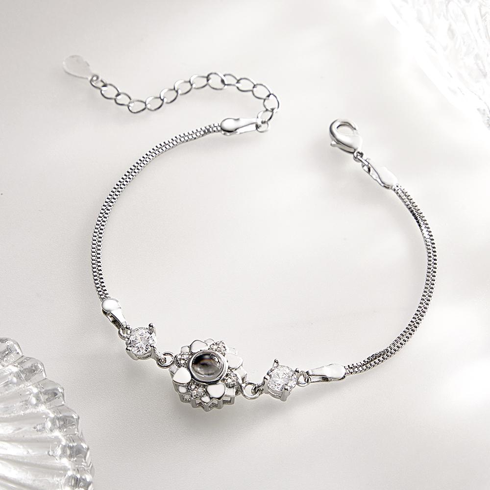 Silver Flower Bracelet with Photo Projection, Romantic Gift for Her