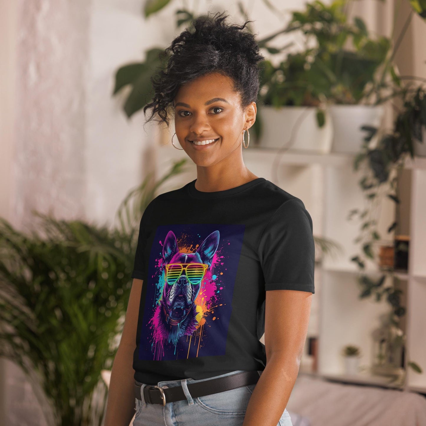 Neon Dog T-Shirt, Drip Art Dog with Shutter Shades, Unisex Streetwear Graphic Tee, Festival Outfit, Dog Lover Gift, S3XL
