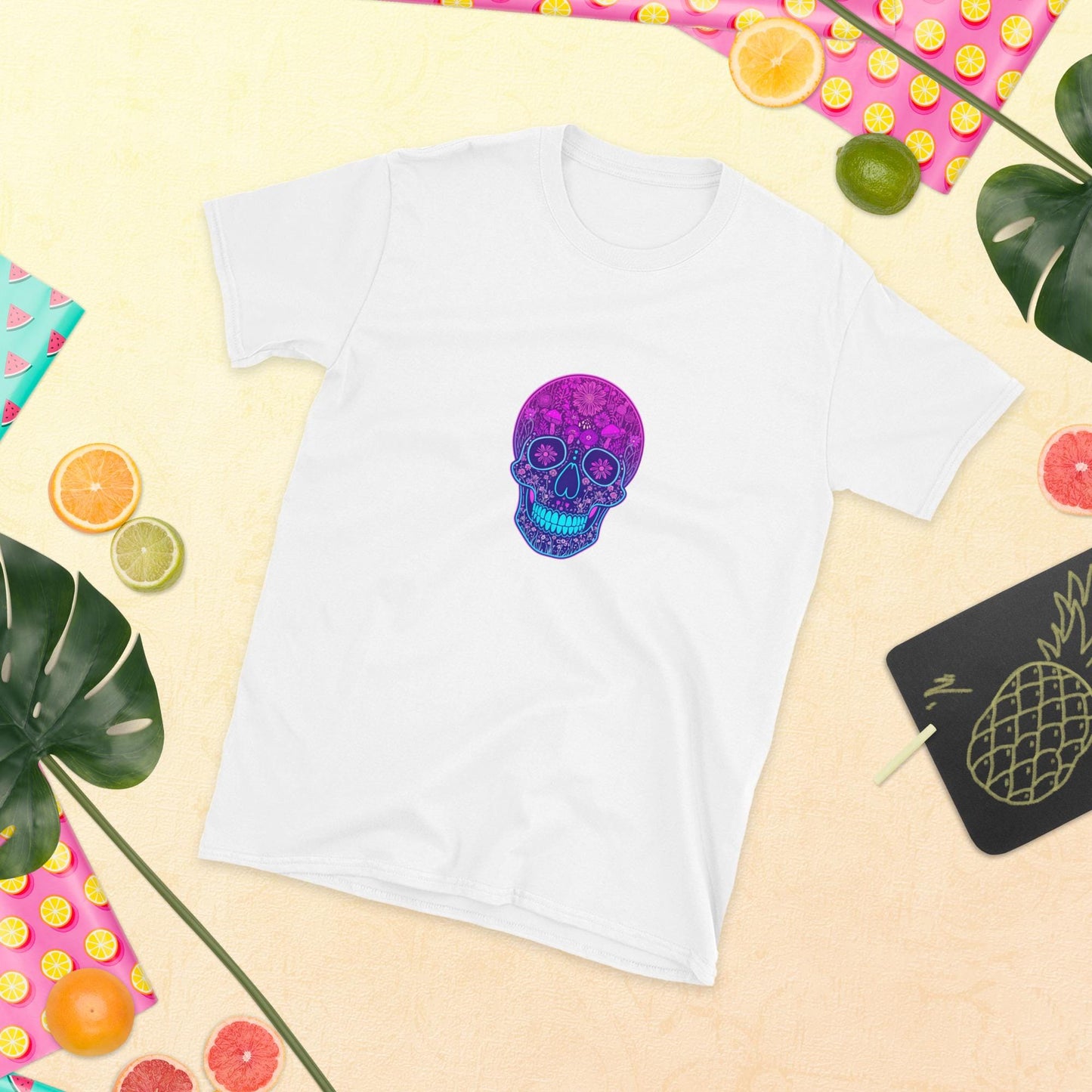 Neon Skull T-Shirt, Vaporwave Glow Skull Graphic Tee, Unisex Streetwear Shirt, Festival Party Top, Bold Colors, S3XL