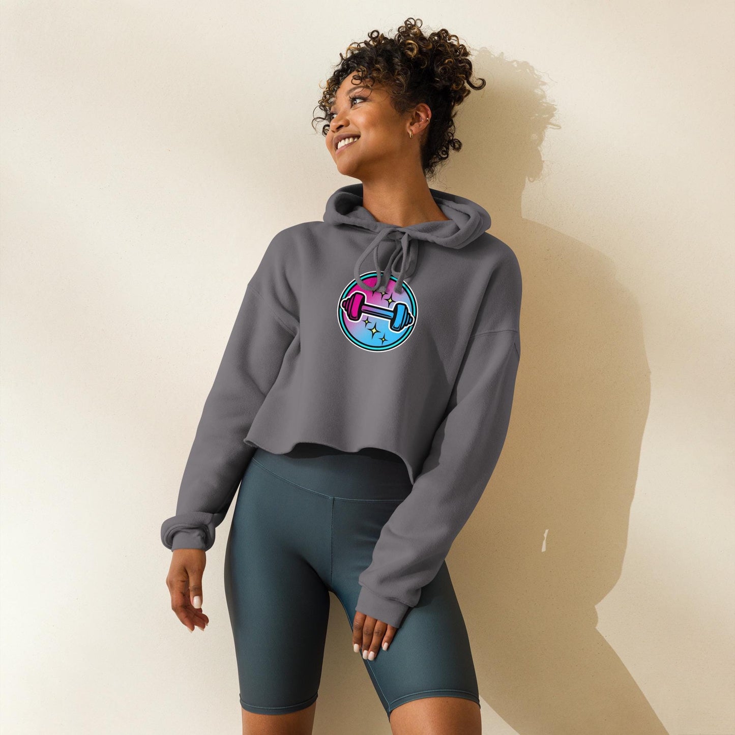 Neon Dumbbell Crop Hoodie, Womens Cropped Gym Hoodie, Soft Fleece, Dropped Shoulders, Raw Hem, Athleisure Gift, XS2XL