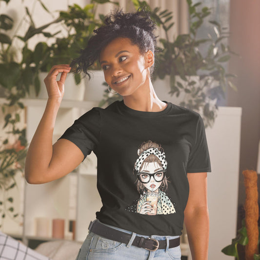 Trendy Retro Girl T-Shirt  Cute Fashion Illustration Tee with Polkadot Style | Aesthetic Casual Outfit Top for Women