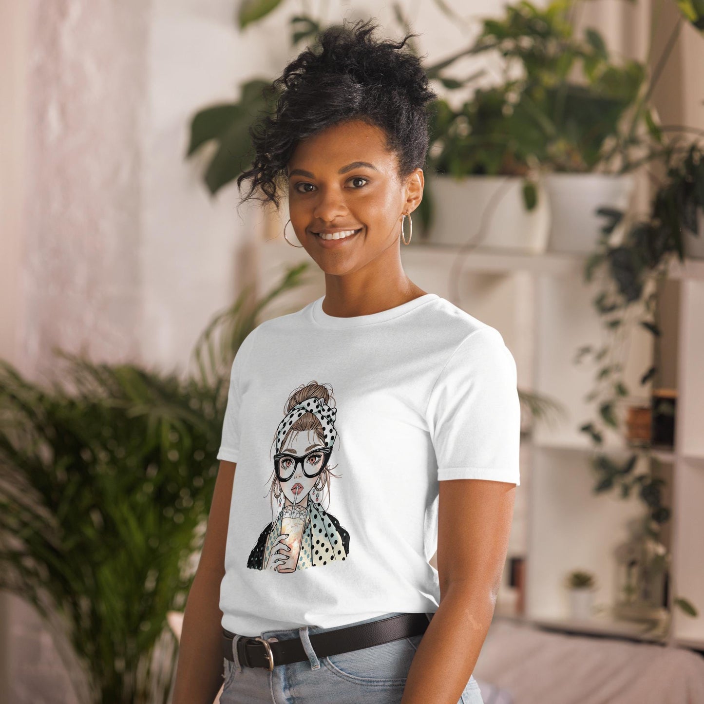 Trendy Retro Girl T-Shirt  Cute Fashion Illustration Tee with Polkadot Style | Aesthetic Casual Outfit Top for Women