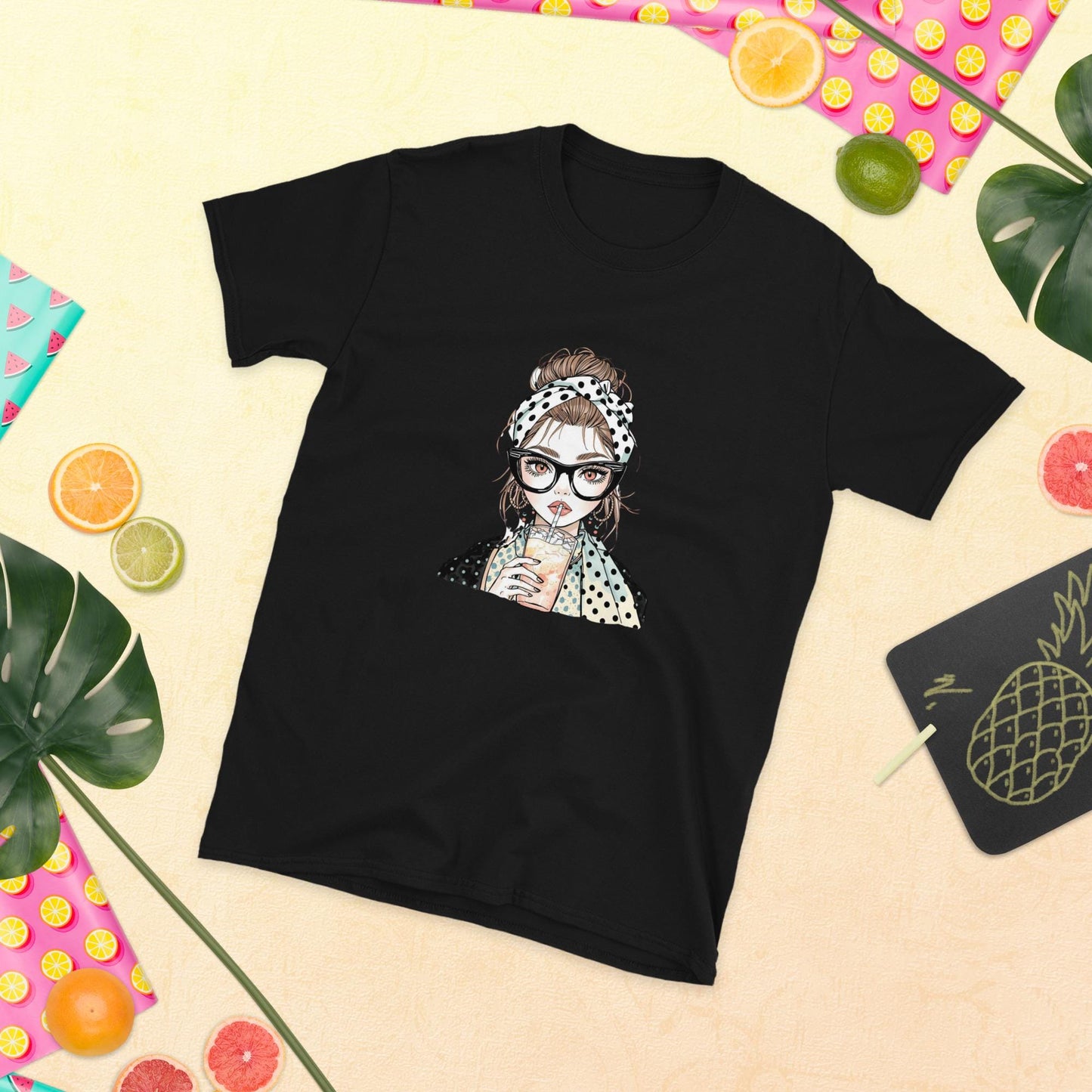 Trendy Retro Girl T-Shirt  Cute Fashion Illustration Tee with Polkadot Style | Aesthetic Casual Outfit Top for Women
