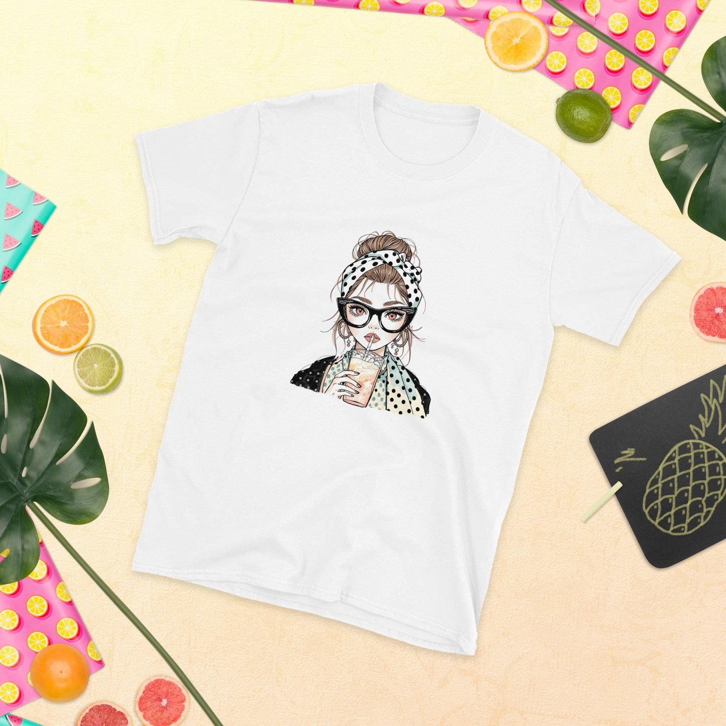 Trendy Retro Girl T-Shirt  Cute Fashion Illustration Tee with Polkadot Style | Aesthetic Casual Outfit Top for Women