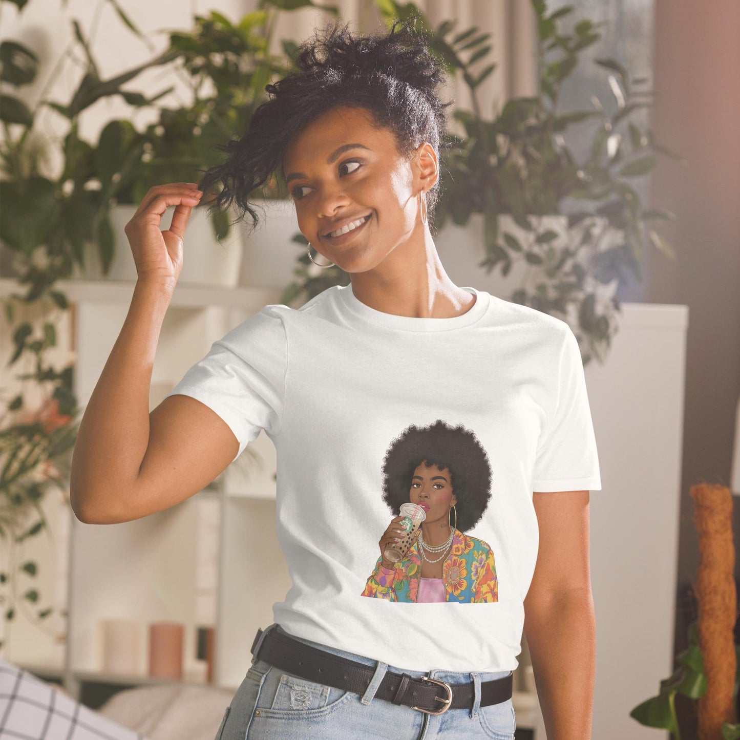 Trendy Afro Girl T-Shirt  Colorful Fashion Illustration Tee with Bubble Tea | Aesthetic Black Woman Graphic Shirt