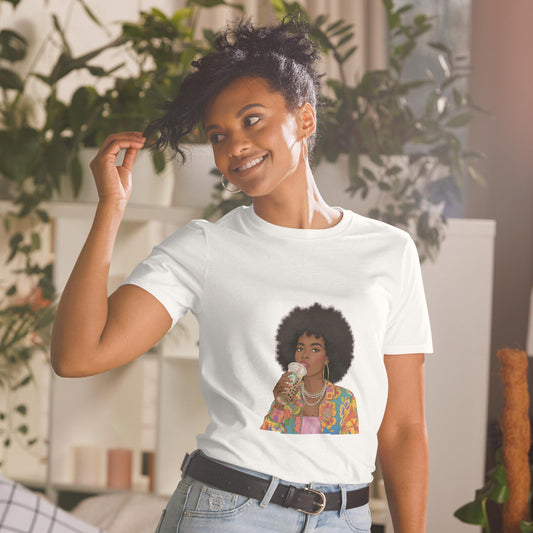 Trendy Afro Girl T-Shirt  Colorful Fashion Illustration Tee with Bubble Tea | Aesthetic Black Woman Graphic Shirt