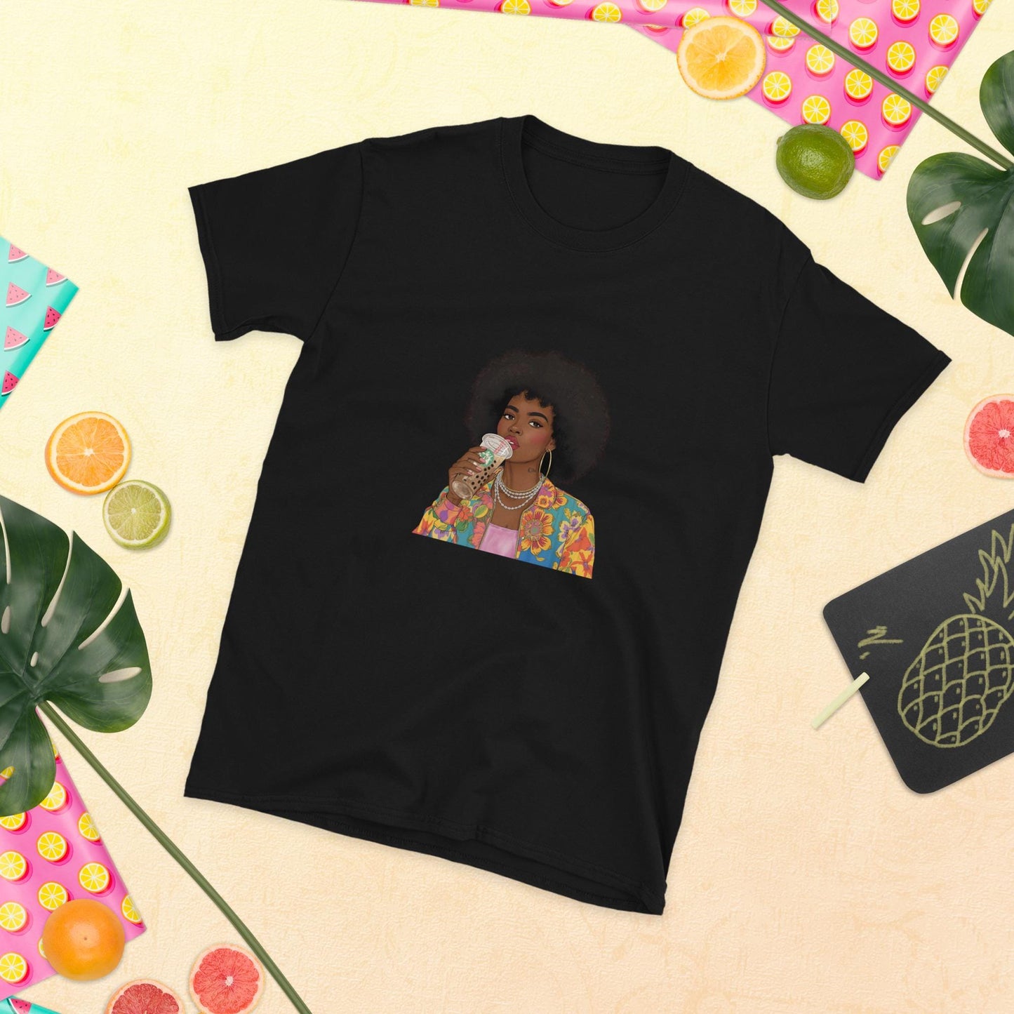 Trendy Afro Girl T-Shirt  Colorful Fashion Illustration Tee with Bubble Tea | Aesthetic Black Woman Graphic Shirt