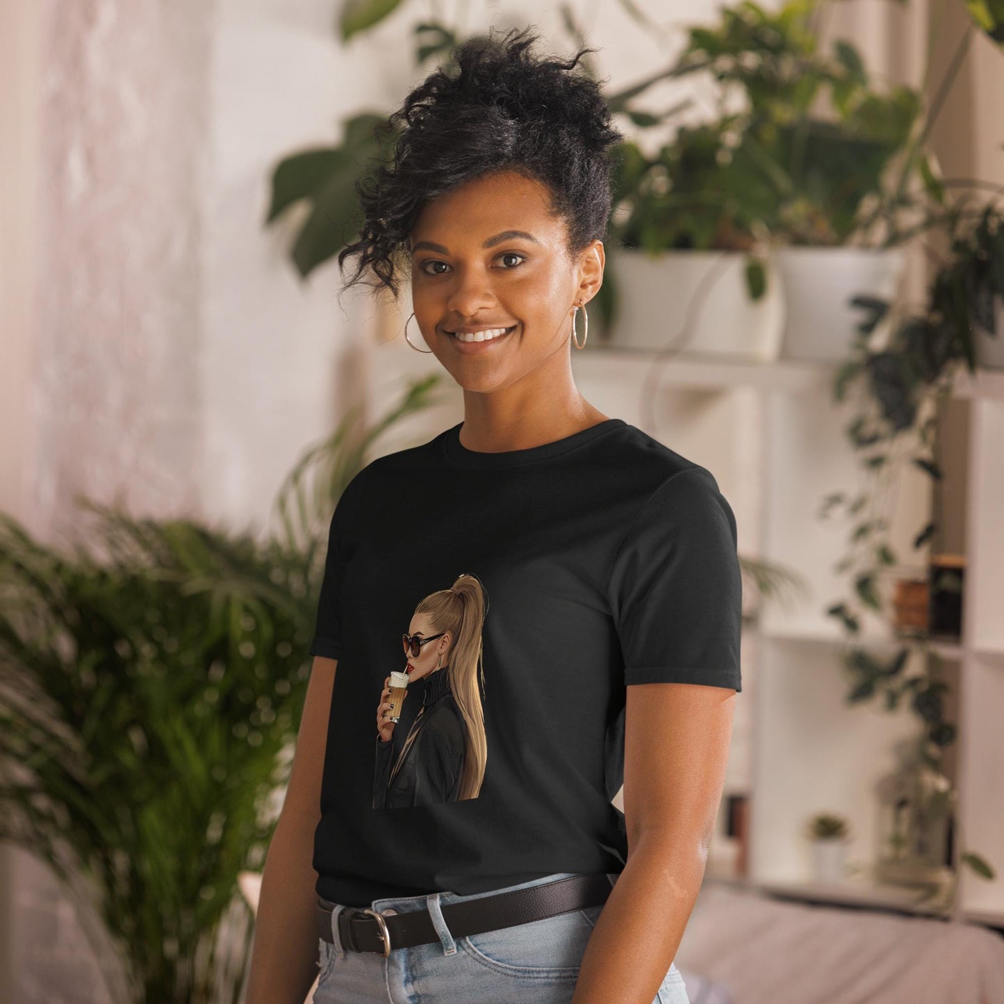 Chic Coffee Girl T-Shirt  Fashion Illustration Tee with Sunglasses and Ponytail | Aesthetic Parisian Style Graphic Shirt
