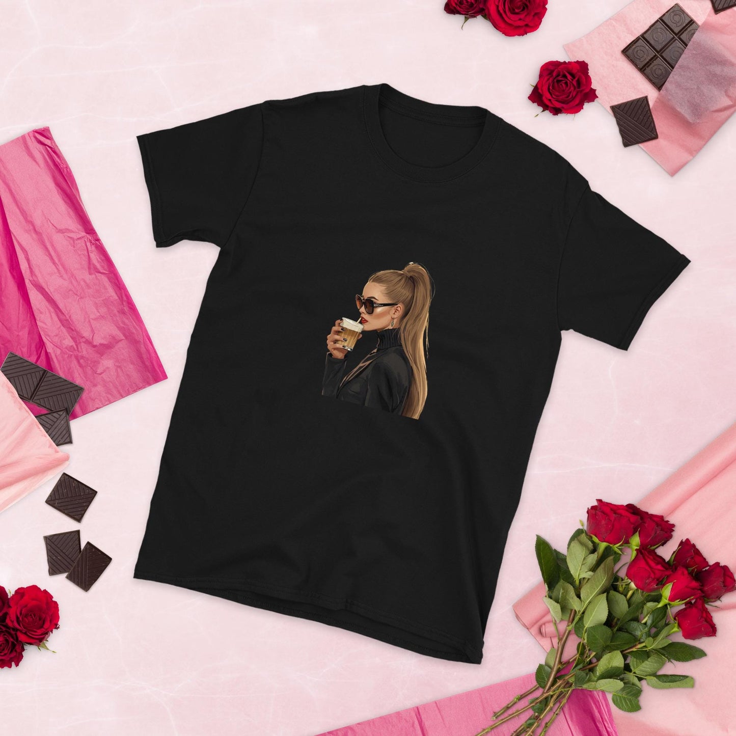 Chic Coffee Girl T-Shirt  Fashion Illustration Tee with Sunglasses and Ponytail | Aesthetic Parisian Style Graphic Shirt