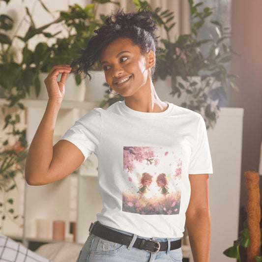 Twin Fairies Blossom T-Shirt | Fairycore Kawaii Graphic | Cherry Blossom Pastel | Black or White