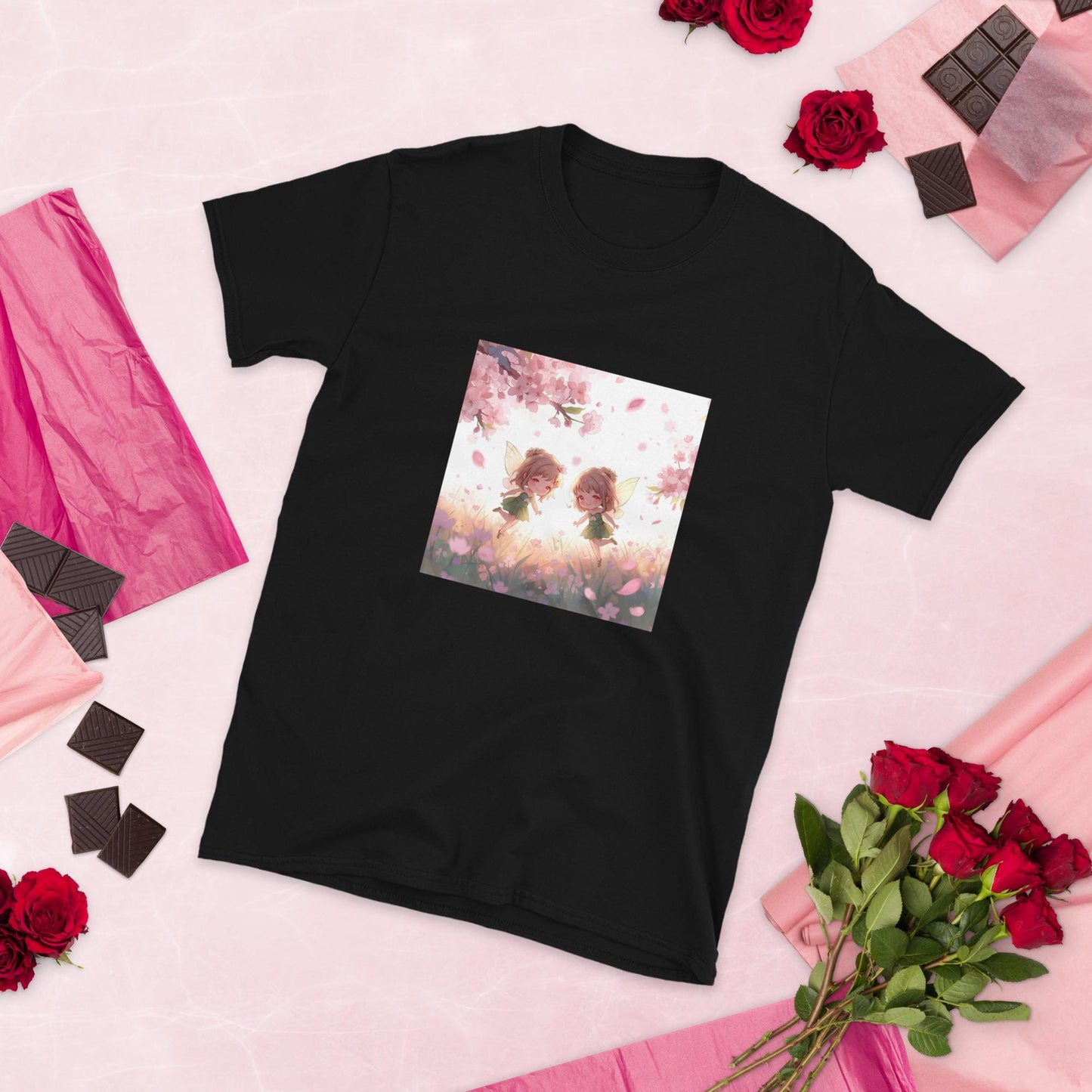 Twin Fairies Blossom T-Shirt | Fairycore Kawaii Graphic | Cherry Blossom Pastel | Black or White