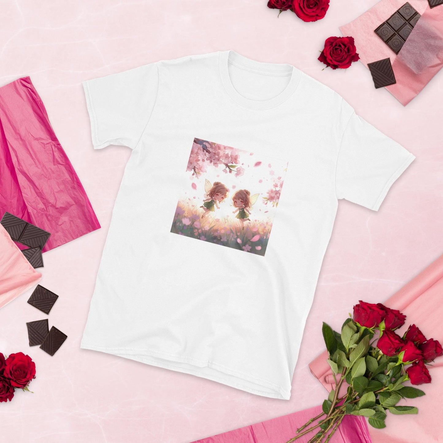 Twin Fairies Blossom T-Shirt | Fairycore Kawaii Graphic | Cherry Blossom Pastel | Black or White