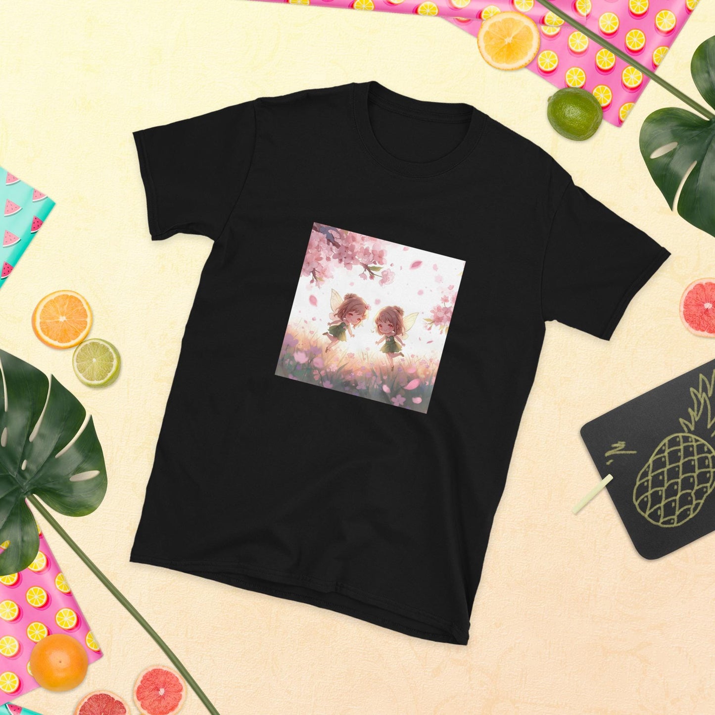 Twin Fairies Blossom T-Shirt | Fairycore Kawaii Graphic | Cherry Blossom Pastel | Black or White