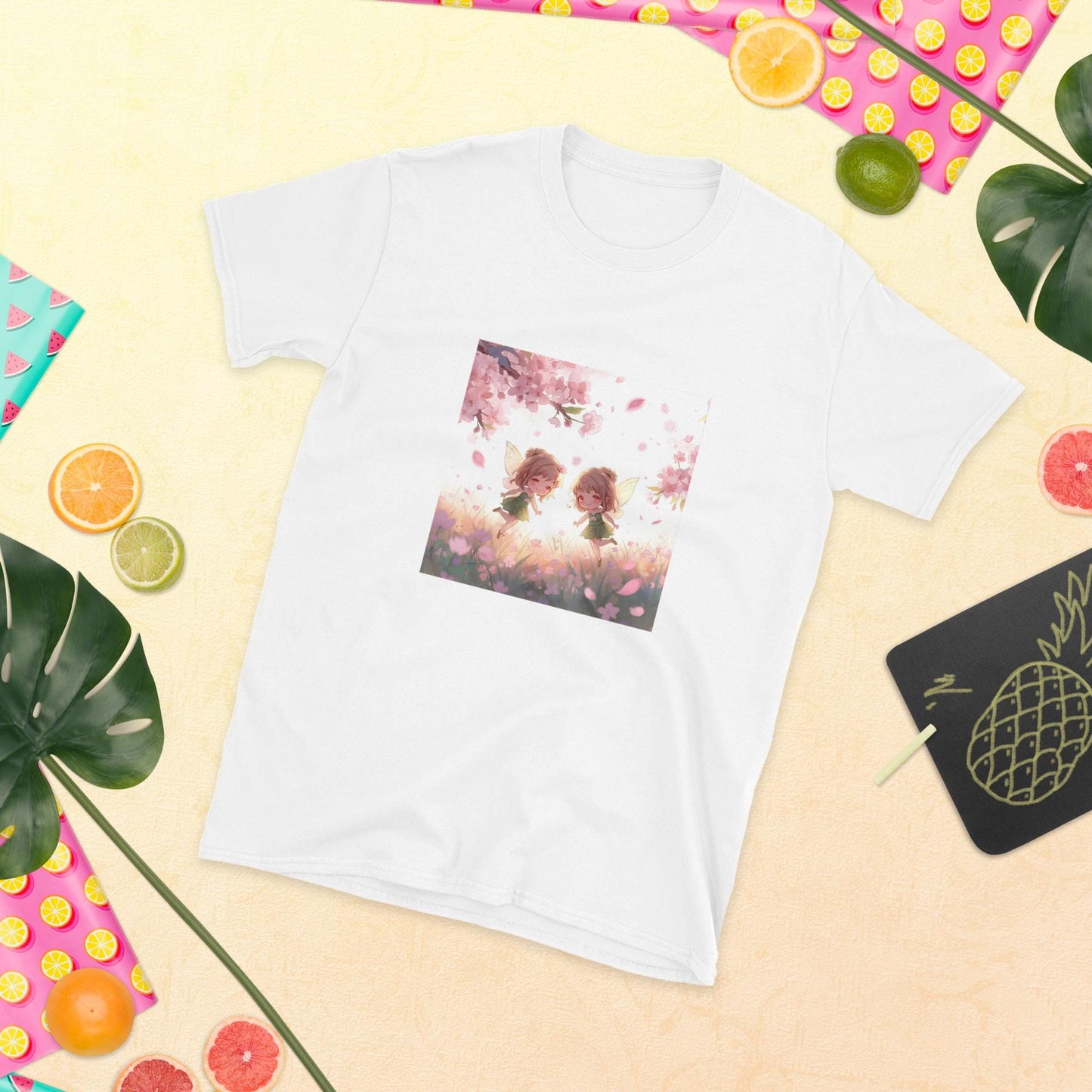 Twin Fairies Blossom T-Shirt | Fairycore Kawaii Graphic | Cherry Blossom Pastel | Black or White