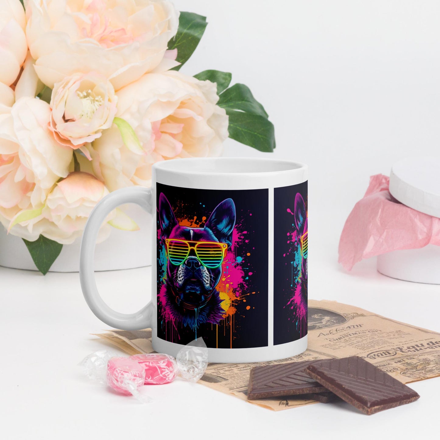 Neon Rainbow Dog Mug | Retro Sunglasses Pup | Dishwasher & Microwave Safe