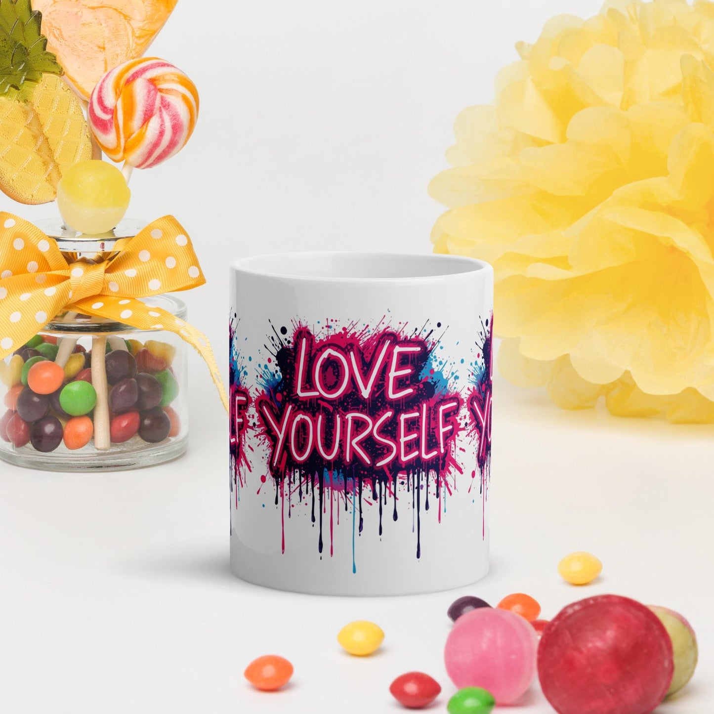 Love Yourself Mug | Neon Graffiti Affirmation Cup | Dishwasher & Microwave Safe