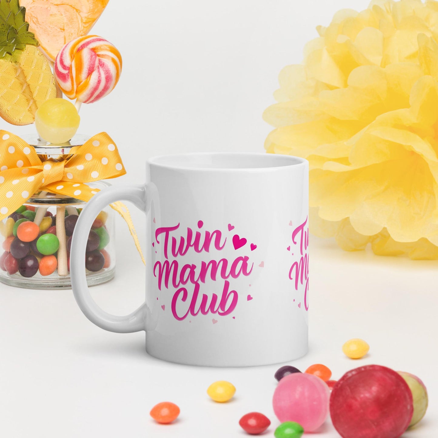 Twin Mama Club Mug | Pink Hearts Mom of Twins Cup | Dishwasher & Microwave Safe