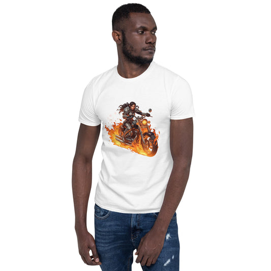 Fire Rider Warrior T-Shirt | Fantasy Moto Flaming Bike Graphic | Unisex Streetwear Tee | Black or White