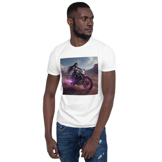 Neon Desert Rider T-Shirt | Fantasy Moto Pink Glow Bike | Unisex Streetwear Tee | Black or White