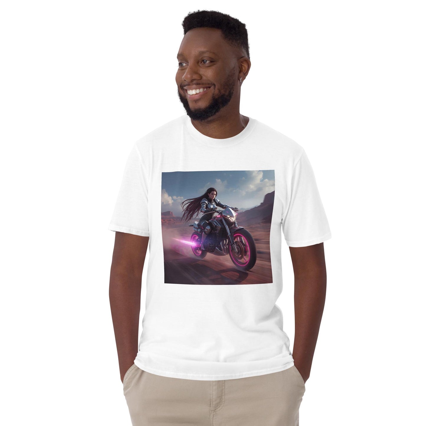 Neon Desert Rider T-Shirt | Fantasy Moto Pink Glow Bike | Unisex Streetwear Tee | Black or White