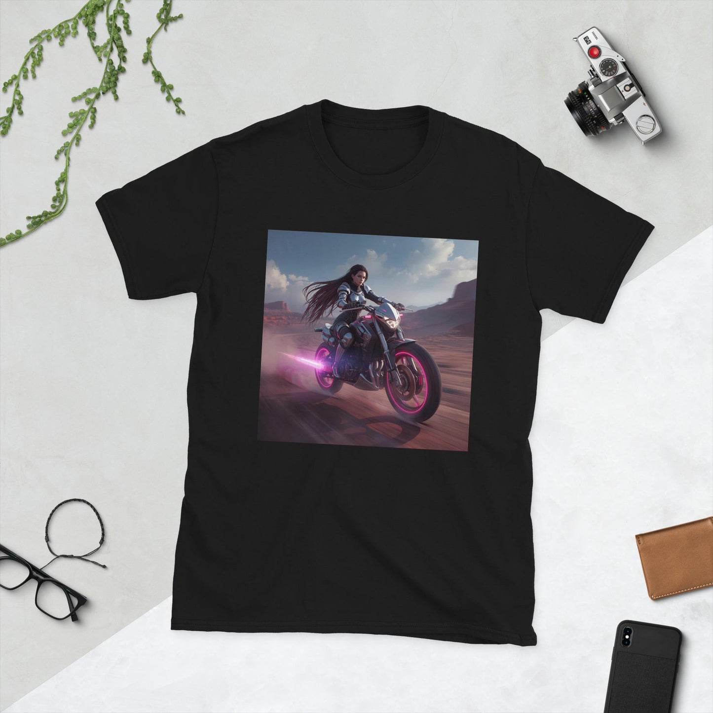 Neon Desert Rider T-Shirt | Fantasy Moto Pink Glow Bike | Unisex Streetwear Tee | Black or White
