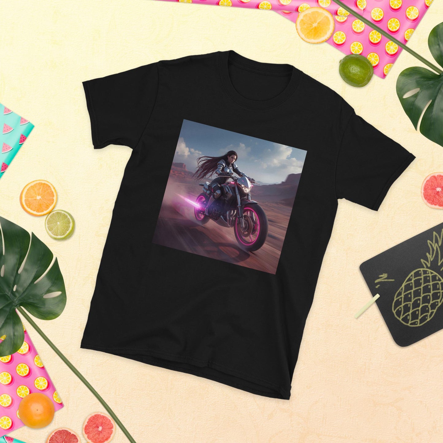 Neon Desert Rider T-Shirt | Fantasy Moto Pink Glow Bike | Unisex Streetwear Tee | Black or White