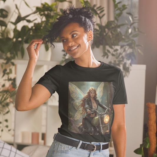 Fairy Biker T-Shirt | Leather Jacket Wings Graphic | Fantasy Moto Streetwear | Unisex Tee (Black or White)
