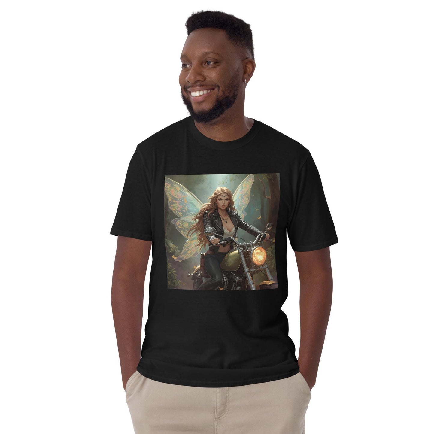 Fairy Biker T-Shirt | Leather Jacket Wings Graphic | Fantasy Moto Streetwear | Unisex Tee (Black or White)