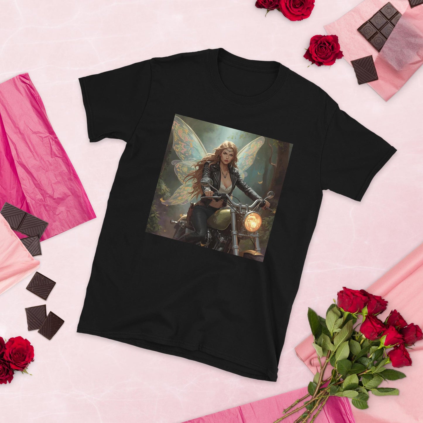 Fairy Biker T-Shirt | Leather Jacket Wings Graphic | Fantasy Moto Streetwear | Unisex Tee (Black or White)