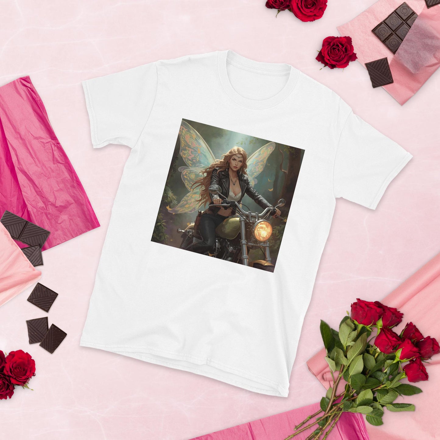 Fairy Biker T-Shirt | Leather Jacket Wings Graphic | Fantasy Moto Streetwear | Unisex Tee (Black or White)